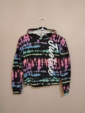 Justice Pastel Rainbow & Charcoal Tie-Dye Hoodie with Sparkle Logo – Size M GUC